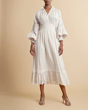 By timo - Cotton Slub Smocking Dress - Beige Stripe