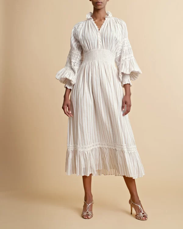 By timo - Cotton Slub Smocking Dress - Beige Stripe
